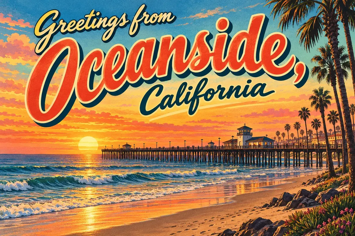 Vintage-style postcard of Oceanside, California